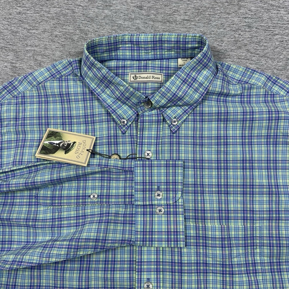 Donald Ross Shirt Mens Large Mint Plaid Long Sleeve Button Down City Preppy NEW - Picture 1 of 10
